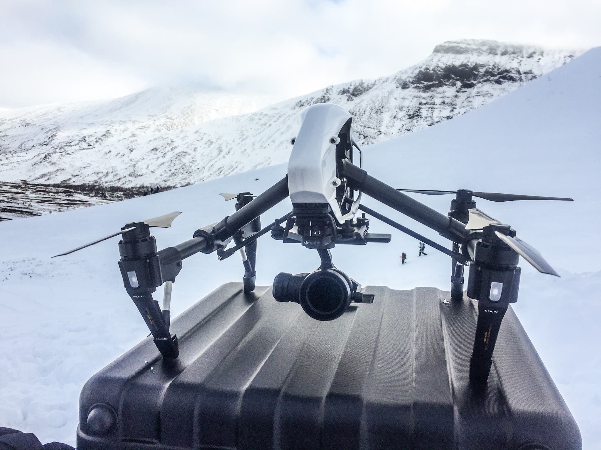 Hammarstrom Aerial drone rig set up on location in the snowy mountains
